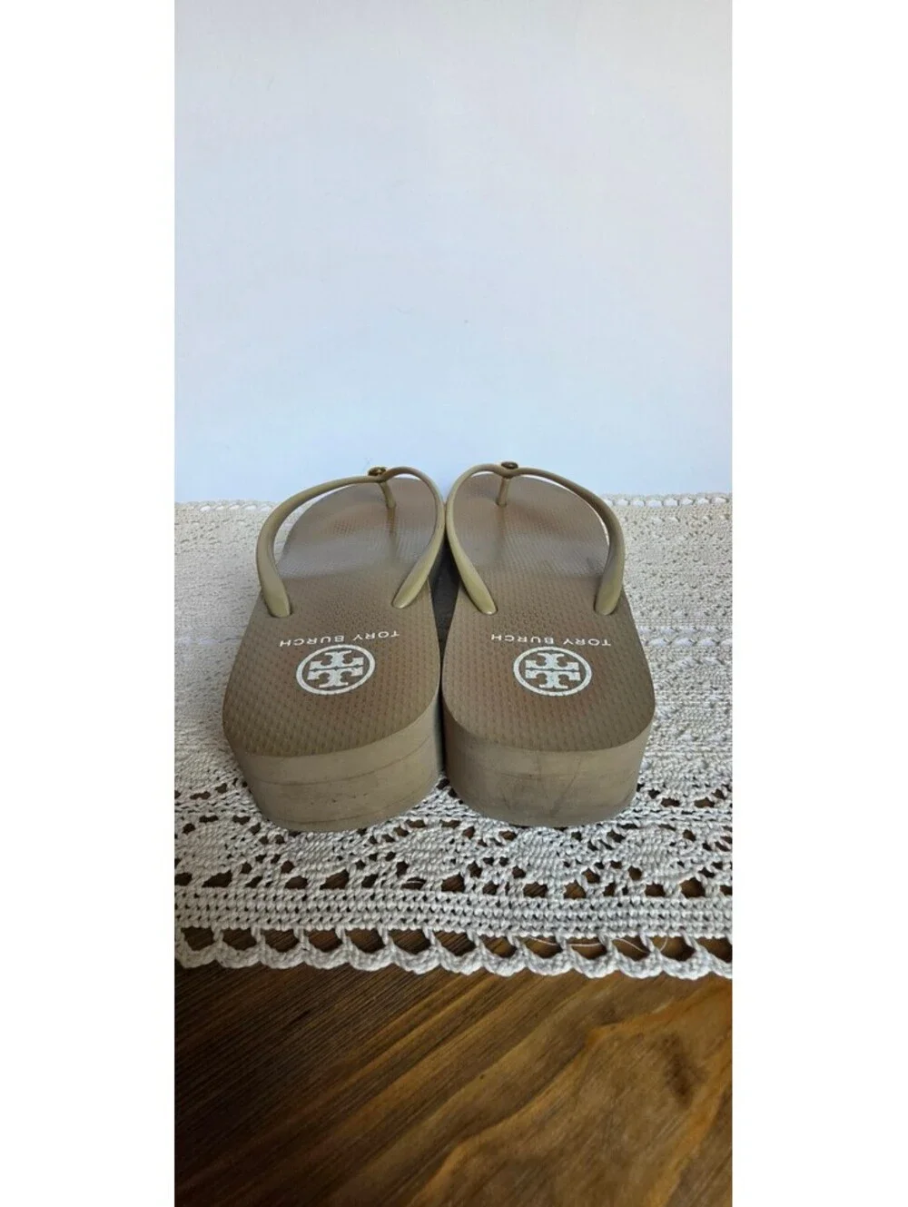 Tory Burch Beige Gold Logo Platform Wedge Flip Flop Sandals Size Unknown